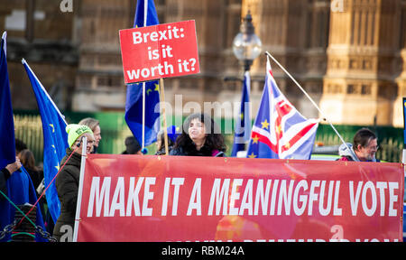 London, Großbritannien. 11 Jan, 2019. Anti Brexit Aktivisten heute außerhalb der Häuser des Parlaments in London, die Diskussion über die Premierminister Theresa's kann sich das auf der nächsten Woche abgestimmt werden soll, geht weiter. Foto: Simon Dack/Alamy leben Nachrichten Stockfoto