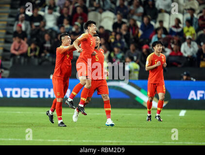 Januar 11, 2019: Wu Lei China sein Ziel feiern. 2-0 mit chinesischen Team während der Philippinen v China an der Mohammed Bin Zayed Stadion in Abu Dhabi, VAE, AFC Asian Cup, asiatische Fußball-Meisterschaft. Ulrik Pedersen/CSM. Stockfoto