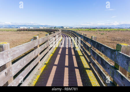 Hölzerne Brücke in der Don Edwards Wildlife Refuge, Fremont, San Francisco Bay Area, Kalifornien Stockfoto