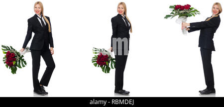 Geschäftsfrau mit Blumenstrauß isoliert auf weißem Stockfoto