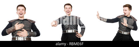 Junge lustige Mann in Rüstung Anzug Stockfoto