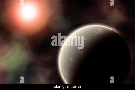 Computer-generierte Abbildung einer Erde wie Planeten mit seinen alten roten Stern als Sun. Stockfoto