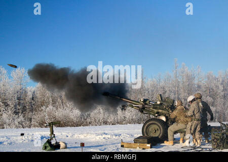 Fallschirmjäger mit Alpha Akku, 2. Bataillon, 377 Fallschirm Field Artillery Regiment, 4 Infantry Brigade Combat Team (Airborne), 25 Infanterie Division, Feuer Ihrer M119 Haubitze bescheinigt die Fähigkeit, genau in eine rechtzeitige und sichere Weise Jan. 10, 2019, Joint Base Elmendorf-Richardson, Alaska zu schießen. Stockfoto