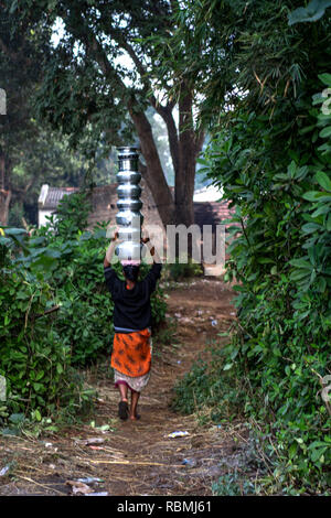 Frau balancing Wasser Töpfe, Araku, Andhra Pradesh, Indien, Asien Stockfoto