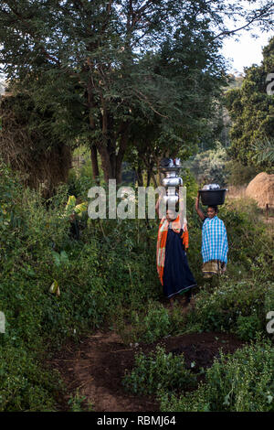 Frau balancing Wasser Töpfe, Araku, Andhra Pradesh, Indien, Asien Stockfoto