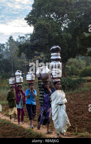 Frau balancing Wasser Töpfe, Araku, Andhra Pradesh, Indien, Asien Stockfoto