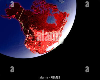 NAFTA-Mitglied staaten von Platz auf Modell der Erde bei Nacht. Sehr feine Details der Plastic Planet Oberfläche und sichtbaren hellen Lichter der Stadt. 3D-illustra Stockfoto