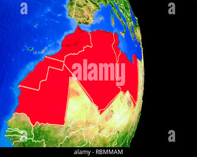 Maghreb auf realistischen Modell der Erde mit Ländergrenzen und sehr detaillierten Planeten Oberfläche. 3D-Darstellung. Elemente dieses Bild und Stockfoto