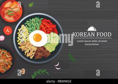 Bibimbap in der Schüssel auf schwarzem Holz Tisch Ansicht von oben. Korea Nahrung Hintergrund. Stock Vektor
