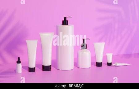 Trendy realistische Mock up von Kosmetika, Flaschen und Röhrchen auf rosa Hintergrund. Moderne, helle noch Leben bündeln. 3D-rendering Vorlage. Palmen Schatten Stockfoto