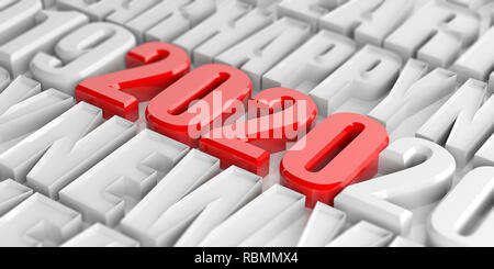 Frohes neues Jahr 2020, rote Ziffern und weißen Buchstaben, Zahlen und Text. 3D-Darstellung Stockfoto
