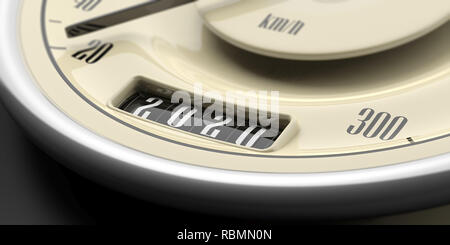 2020 Neue Jahr und Auto. Oldtimer Kilometerzähler Manometer closeup Detail auf schwarzem Hintergrund. 3D-Darstellung Stockfoto
