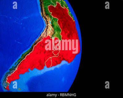Mitglieder des Mercosur auf realistischen Modell der Erde mit Ländergrenzen und sehr detaillierten Planeten Oberfläche. 3D-Darstellung. Elemente dieses Bild fu Stockfoto