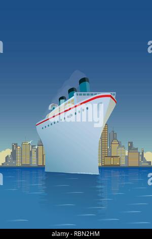 Vintage Style Vector Illustration von riesigen Kreuzfahrtschiff mit Big City Skyline im Hintergrund Stock Vektor
