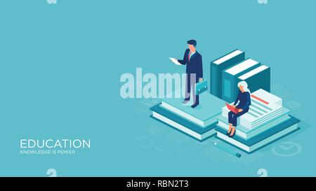 Bildung und Lernen isometrische Vektor Konzept. Professionelle Leute Bücher lesen Stock Vektor
