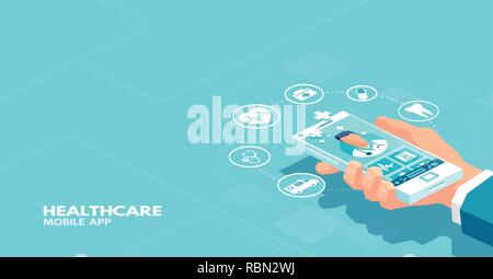 Vektor eines Patienten mit Smartphone Anwendung die Kommunikation mit professionellen Arzt online. Online medizinische Beratung Konzept Stock Vektor
