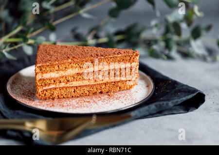 Stück Schokolade und Walnuss Kuchen auf eine Platte auf einen Tisch. Stockfoto