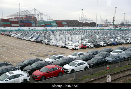 Honda Autos ausgerichtet werden, um an den Southampton Docks vor auf ein Auto container Schiff zur Ausfuhr verladen werden. Stockfoto