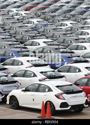 Honda Autos ausgerichtet werden, um an den Southampton Docks vor auf ein Auto container Schiff zur Ausfuhr verladen werden. Stockfoto