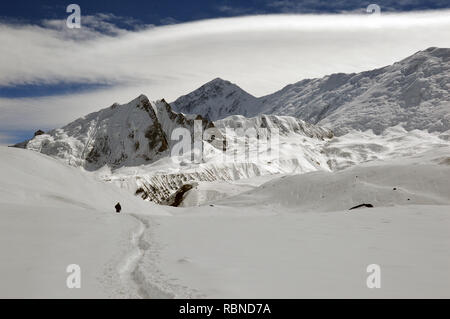 Ein einsamer Wanderer auf der Tilicho See Wanderung auf dem Annapurna Circuit, zu Fuß durch Schnee, von schneebedeckten Bergen umgeben. Himalaya, Nepal. Stockfoto