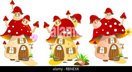 Cartoon Pilze Häuser auf einem weißen Hintergrund. Mushroom Haus rote Farben. Stock Vektor