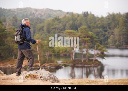 Im mittleren Alter Mann stand auf einem Felsen mit Blick auf einen See, Seitenansicht, Lake District, Großbritannien Stockfoto