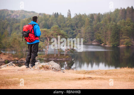 Im mittleren Alter Mann stand auf einem Felsen bewundern Sie den Blick auf den See, Rückansicht Stockfoto