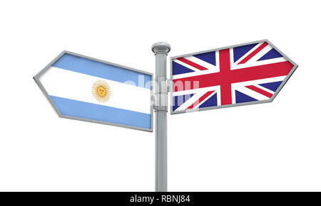 Argentinien und Großbritannien Wegweiser. Bewegen sich in verschiedene Richtungen. 3D-Rendering Stockfoto