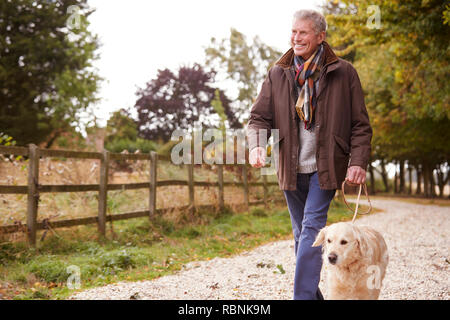 Active Senior Mann auf Herbst Spaziergang mit Hund auf dem Weg durch die Landschaft Stockfoto