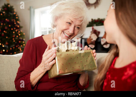 Aufgeregt Großmutter empfangen Weihnachtsgeschenk von Enkelin zu Hause Stockfoto