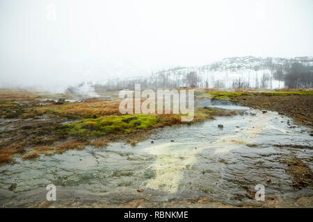 Dampf stieg von geothermischen Pools in der isländischen Landschaft Stockfoto