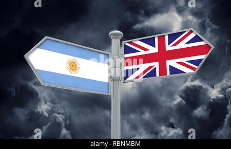 Argentinien und Großbritannien Wegweiser. Bewegen sich in verschiedene Richtungen. 3D-Rendering Stockfoto