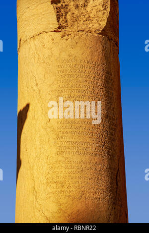 Spalte mit writting in Griechisch und palmyrien über Zenobia und ihr Sohn, Wahab Lat. Die Ruinen der alten griechisch-römischen Stadt Palmyra. Syrien, Naher Osten Stockfoto