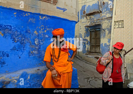 Frau an der alten Priester, Jodhpur, Rajasthan, Indien, Asien Stockfoto