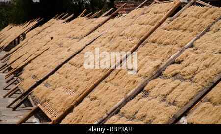 Nudel trocknen in der Sonne an der Nudel Fabrik in Indonesien Bantul, Yogyakarta, Indonesien Stockfoto