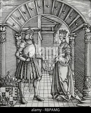 Maximilian I (1459-1519). Kaiser des Heiligen Römischen Reiches. Kupferstich von Dürer. Die Verlobung von Maximilian I. und Maria von Burgund. Stockfoto
