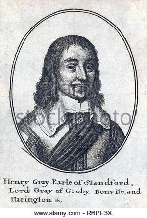 Henry Gray Portrait, 1. Earl von Stamford, 1599 - 1673, wie der Herr Grau von groby von 1614 bis 1628 bekannt, war ein englischer Edelmann und militärischen Führer. Er war der älteste Sohn von Sir John Gray und Elizabeth Nevill. Radierung von Böhmische Kupferstecher Wenzel Hollar aus 1600s Stockfoto