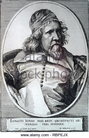 Inigo Jones Porträt, 1573 - 1652, war der erste bedeutende englische Architekt in der Frühen Neuzeit, und die erste Vitruvianische Regeln von Proportion und Symmetrie in seinen Gebäuden zu beschäftigen, Radierung von Böhmische Kupferstecher Wenzel Hollar aus 1600s Stockfoto