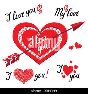 Ich liebe Dich - romantische Vektor Elemente für Gestaltung mit Typografie. Handschriftliche moderne Bürste Schriftzug und Valentines Tag Objekte Stock Vektor
