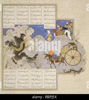 "Isfandiyar der dritte Kurs - Er erschlägt einen Drachen', Folio 434 v aus der Shahnama (Buch der Könige) von Shah Tahmasp Stockfoto