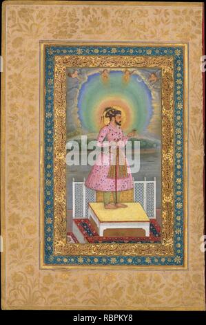 Die hah Jahan auf einer Terrasse, mit einem Anhänger Set mit seinem Portrait', Folio aus dem Shah Jahan Album Stockfoto