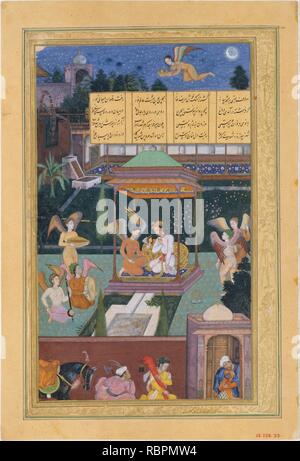 "Die Geschichte von der Prinzessin des Blauen Pavillon: Die Jugend von Rum ist in einem Garten, der von einer Fee und ihre Jungfrauen", Folio aus einem khamsa (Quintett) von Amir Khusrau Dihlavi unterhalten Stockfoto