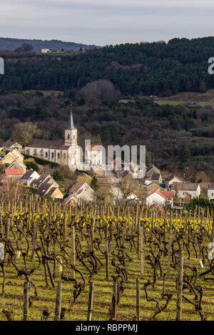 Blick auf ein Dorf in Burgund, Frankreich aus den umliegenden Weinbergen im Winter Stockfoto