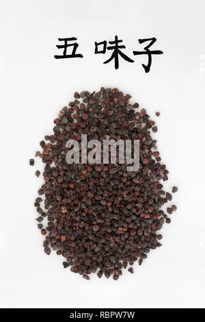 Chinesische schizandra Beeren, Magnolia Weinstock, chinesische Kräutermedizin mit Kalligraphie Script verwendet, verwendet werden, da eine adstringierende und beruhigend. Stockfoto