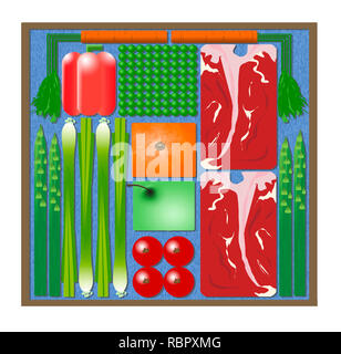 Hier ist eine Abbildung von Vorverpackten zu Hause kochen Mahlzeit Kits, die an Ihre Tür geliefert werden. Es umfasst Steaks, Erbsen, Karotten, Orange, Apfel, asp Stockfoto