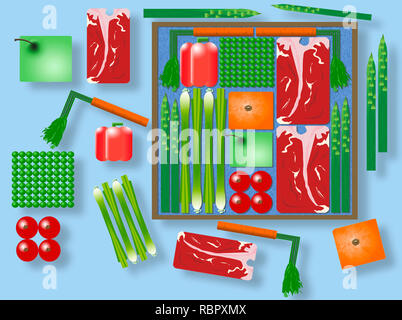 Hier ist eine Abbildung von Vorverpackten zu Hause kochen Mahlzeit Kits, die an Ihre Tür geliefert werden. Es umfasst Steaks, Erbsen, Karotten, Orange, Apfel, asp Stockfoto