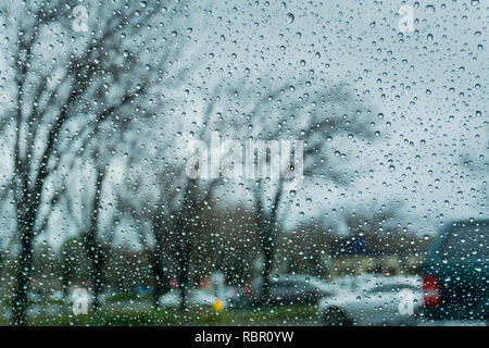 Regentropfen auf dem Fenster, unscharfen Bäume im Hintergrund; geringe Tiefenschärfe; Kalifornien Stockfoto