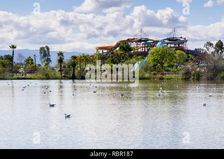 Wasserrutsche am Ufer eines Teiches, Cunningham See, San Jose, San Francisco Bay, Kalifornien Stockfoto