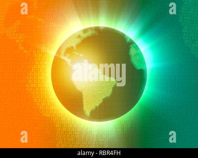 Abbildung der Erde, mit der Kontinente in binären Code dargestellt. Dies könnte die Globalisierung dar, das Internet, digitale Währung oder der Technologie im allgemeinen. Stockfoto