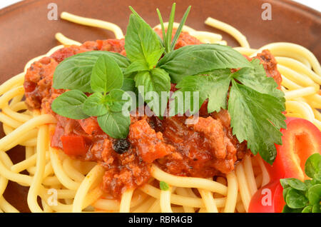 Spaghetti Bollognese mit frischen Kräuter Gewürze - Oregano, Basilikum, Rosmarin, Sellerie und Paprika, auf rustikalen, braun Keramik Teller serviert Stockfoto